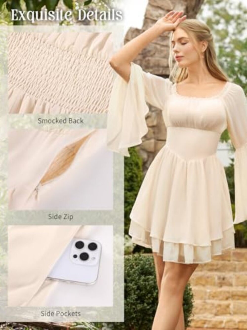 Off Shoulder Corset Dress with Bell Sleeves and Pockets, Mini Length - Picture 4 of 7